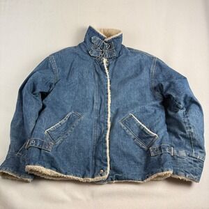 Current Seen Vintage Denim Flight Jacket Sherpa Lined Buckle Neck Blue Small